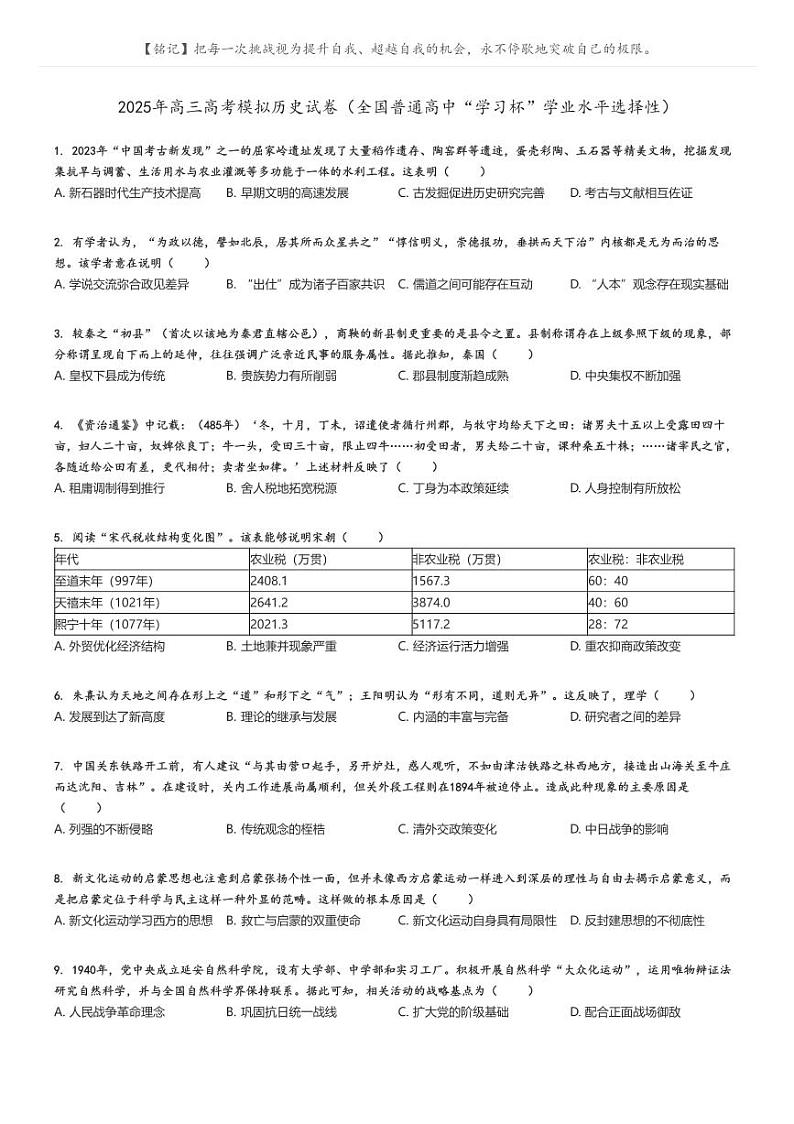 [历史]2025年高三高考模拟历史试卷(全国普通高中“学习杯”学业水平选择性)(原题版+解析版)01