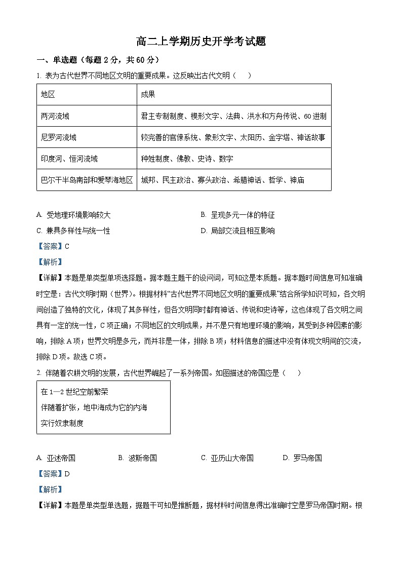 山东省德州市武城县第二中学2024-2025学年高二上学期开学考试历史试题（解析版）第1页