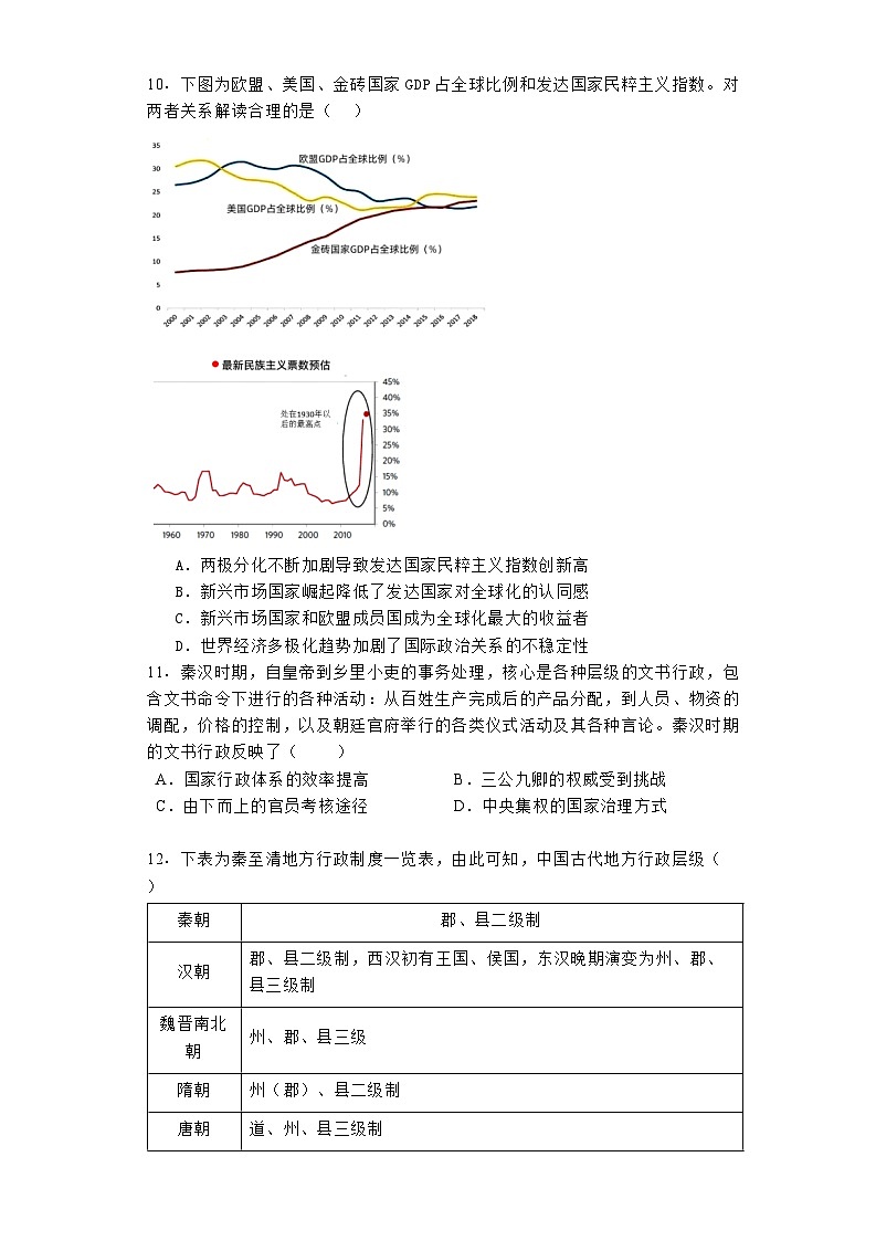 陕西省渭南市大荔县2023-2024学年高一下学期期末质量检测历史试卷03