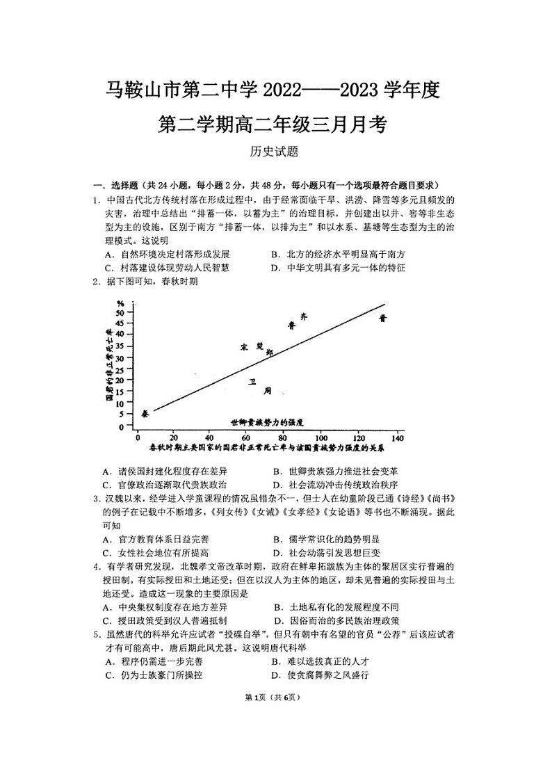 安徽省马鞍山市第二中学2022-2023学年高二下学期3月月考历史试题01