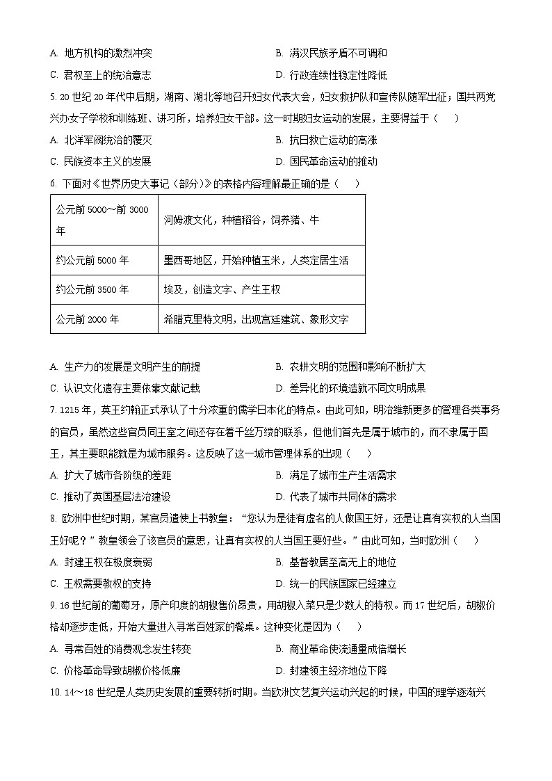 江西省新余市实验中学2024-2025学年高二上学期开学考试历史试题（原卷版）02