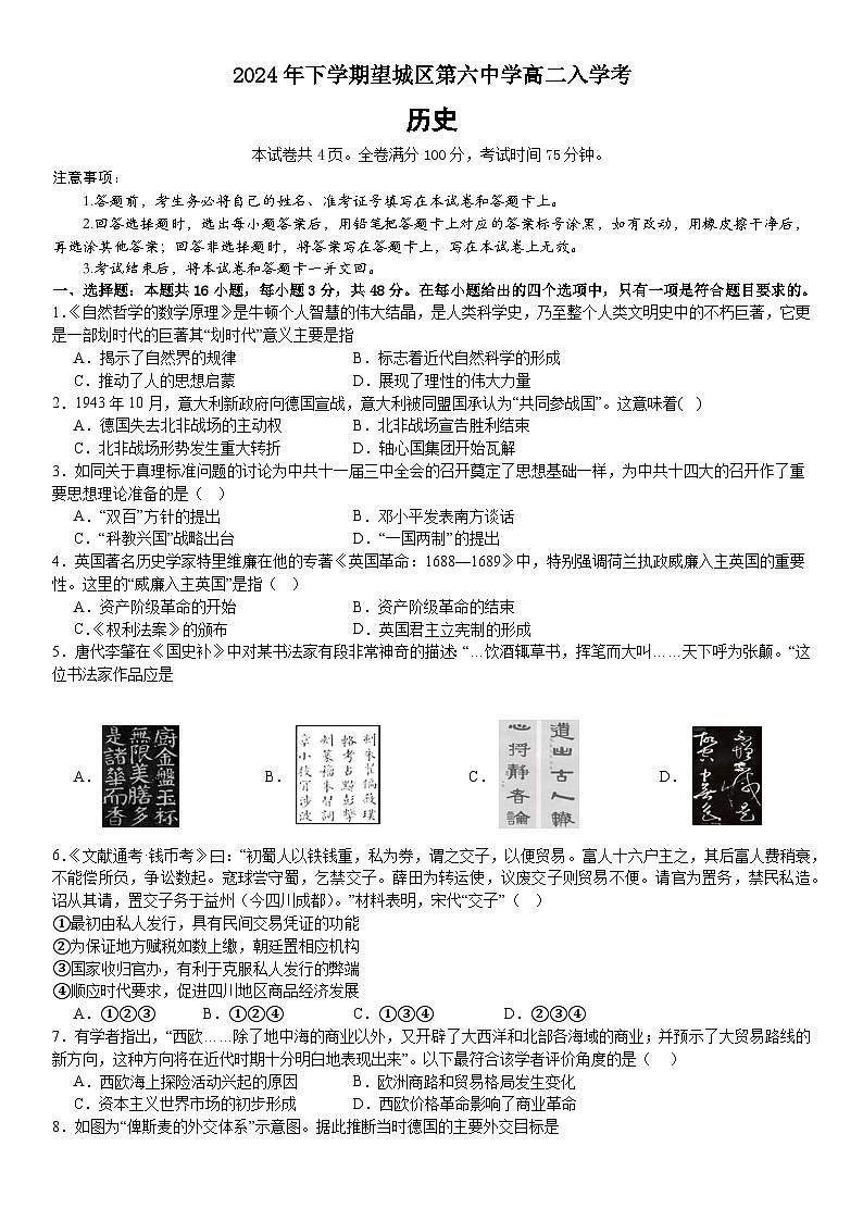 湖南省长沙市望城区第六中学2024-2025学年高二上学期入学考试历史试题(含解析)01