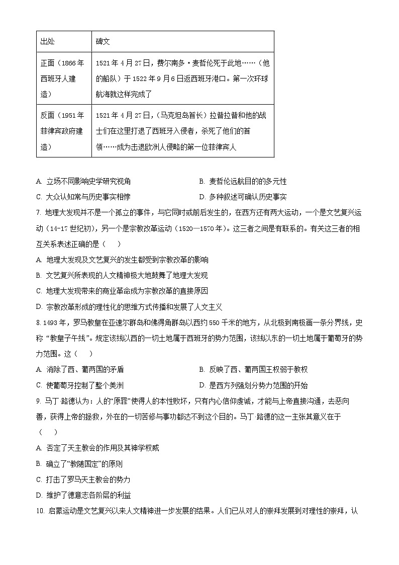 吉林省长春外国语学校2024-2025学年高二上学期开学考试历史试题（原卷版）02
