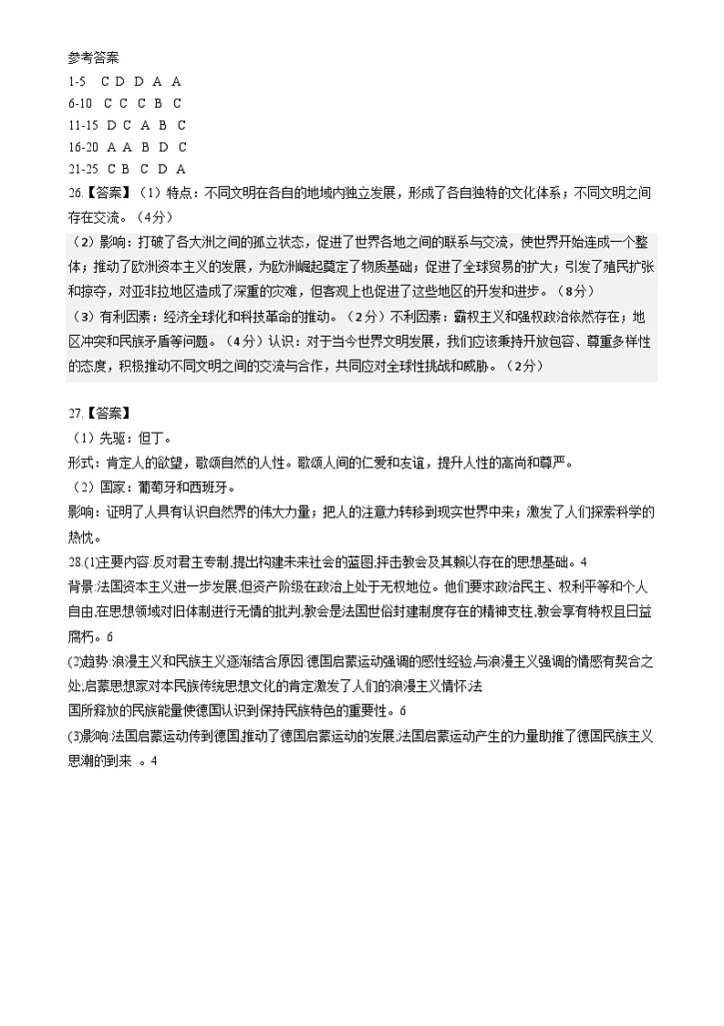 历史 高二历史参考答案第1页