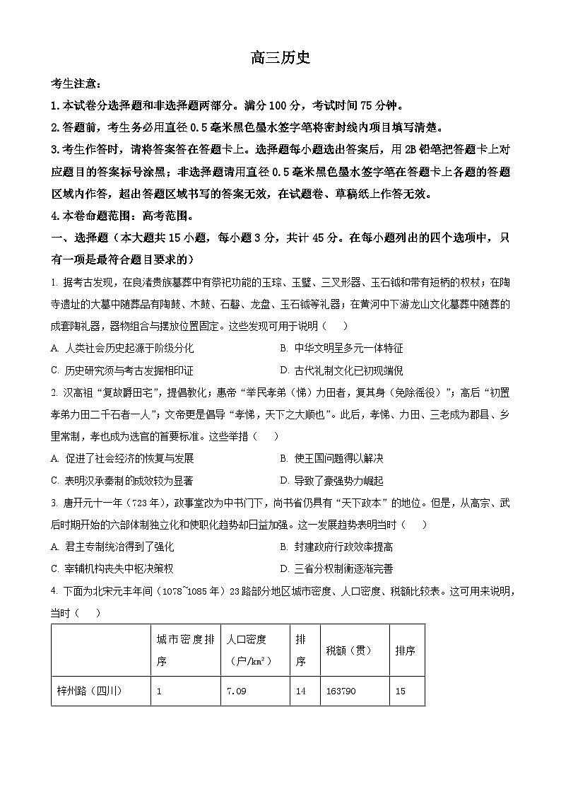 河南省开封五县2024-2025学年高三上学期开学联考历史试题（原卷版+解析版）01