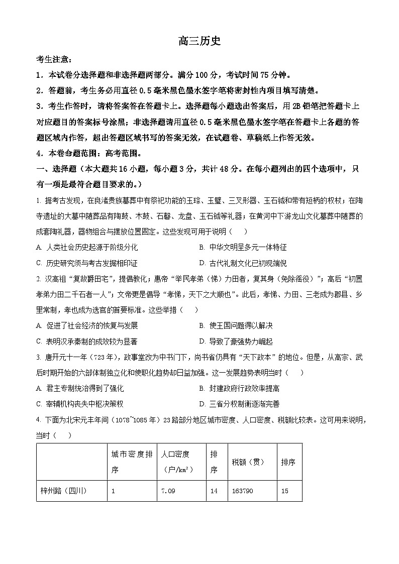 江西省三新协同体联考2024-2025学年高三上学期开学考试历史试题（原卷版）01