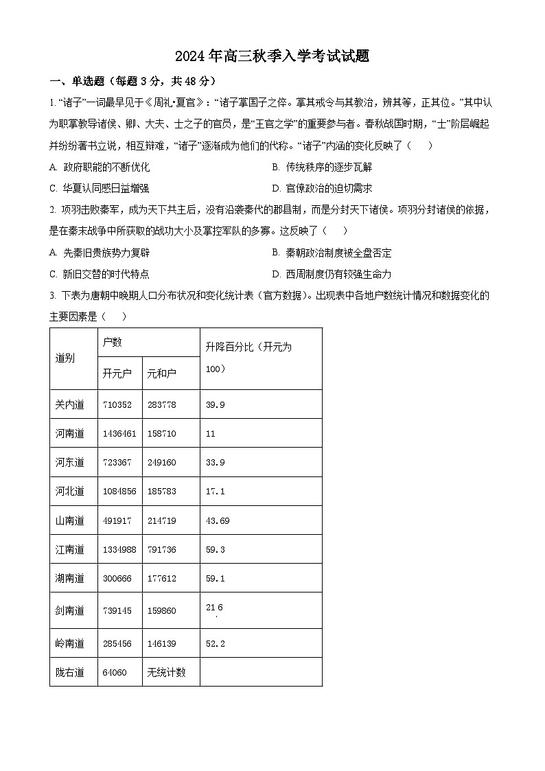 湖南省岳阳市岳阳县第一中学2025届高三上学期开学考试历史试题（原卷版）01