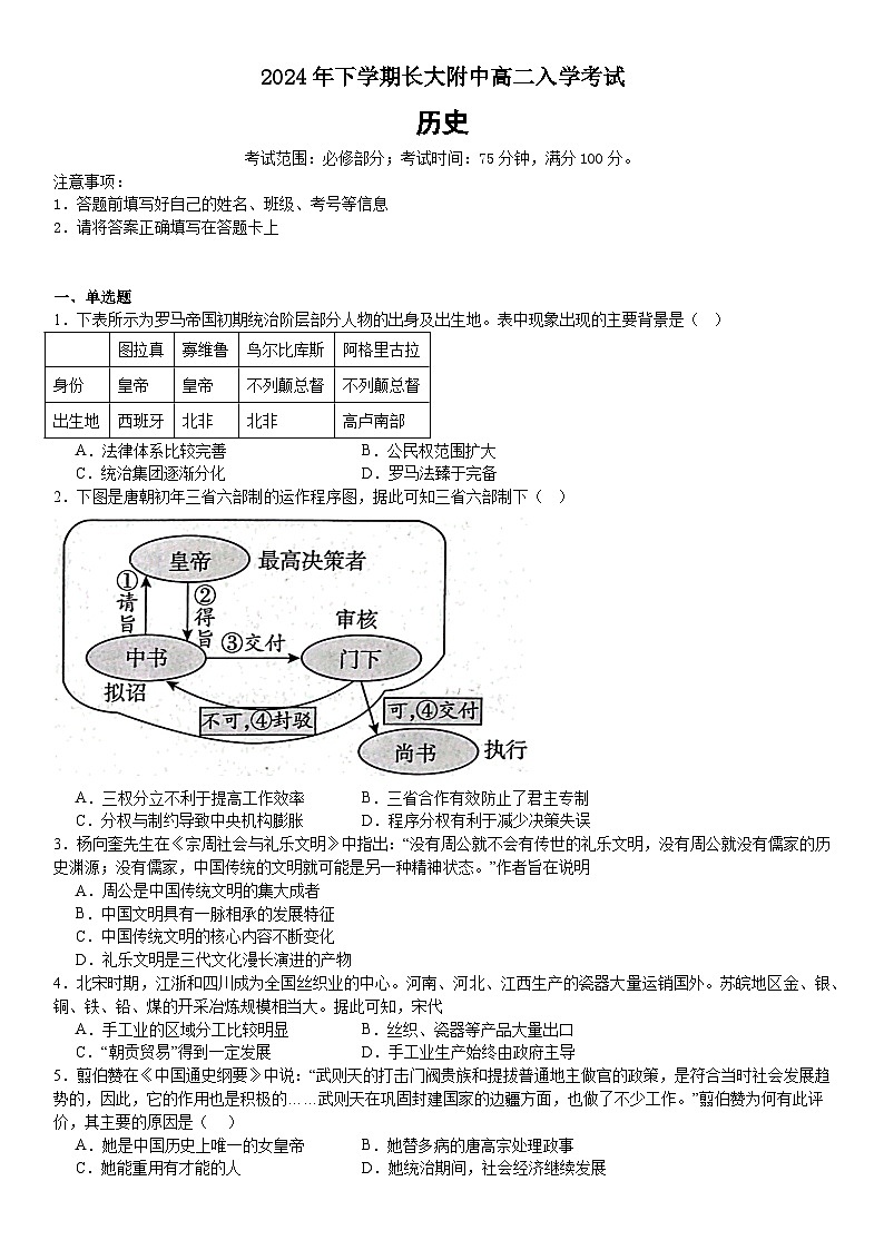 湖南省长沙大学附属中学2024-2025学年高二上学期开学考试历史试题(含解析)第1页