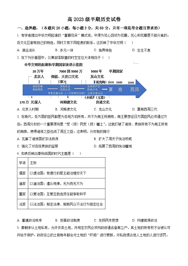 四川省高县中学2023-2024学年高一上学期半期考试（期中）历史试题（Word版附解析）01