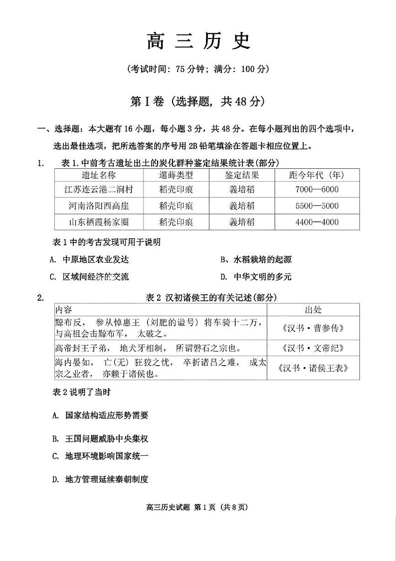 2025届福建省泉州市高三上学期8月高中毕业班质量监测（一）历史试题+答案01