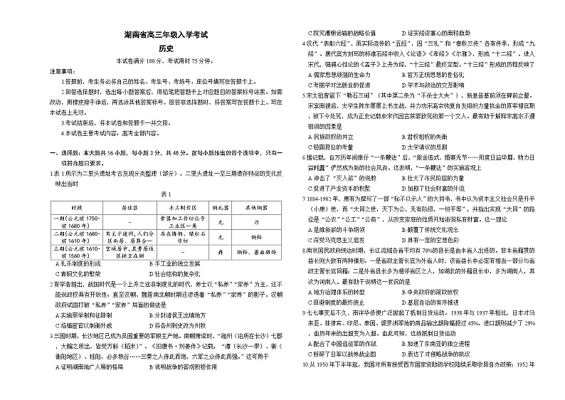 2024湖南省高三年级入学考试历史试卷第1页
