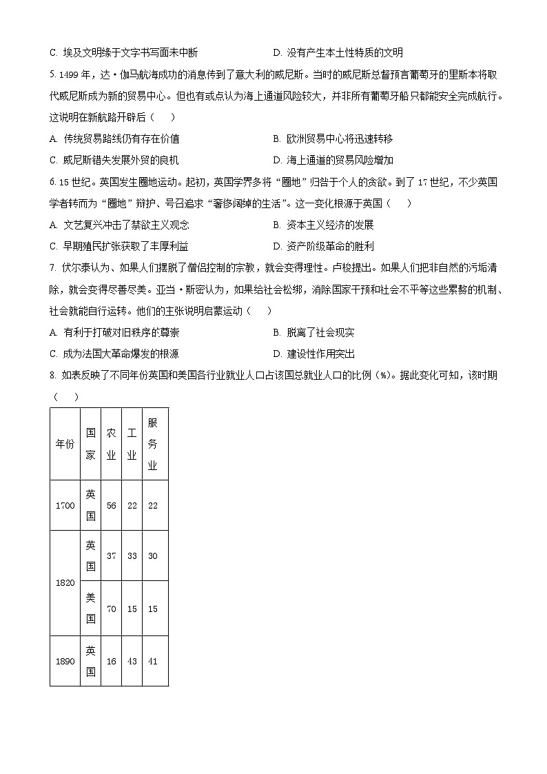 安徽省铜陵市2024-2025学年高二上学期开学考试历史试题（原卷版）第2页