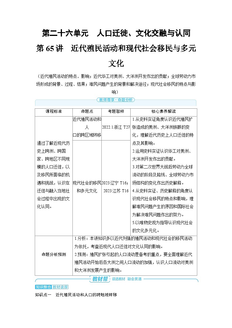 2025年高考历史精品教案第二十六单元人口迁徙、文化交融与认同第65讲近代殖民活动和现代社会移民与多元文化01