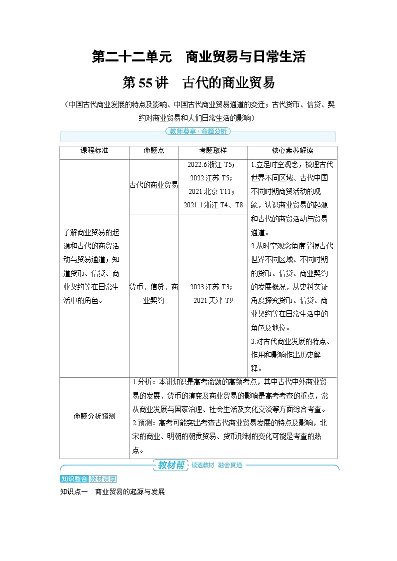2025年高考历史精品教案第二十二单元商业贸易与日常生活第55讲古代的商业贸易01