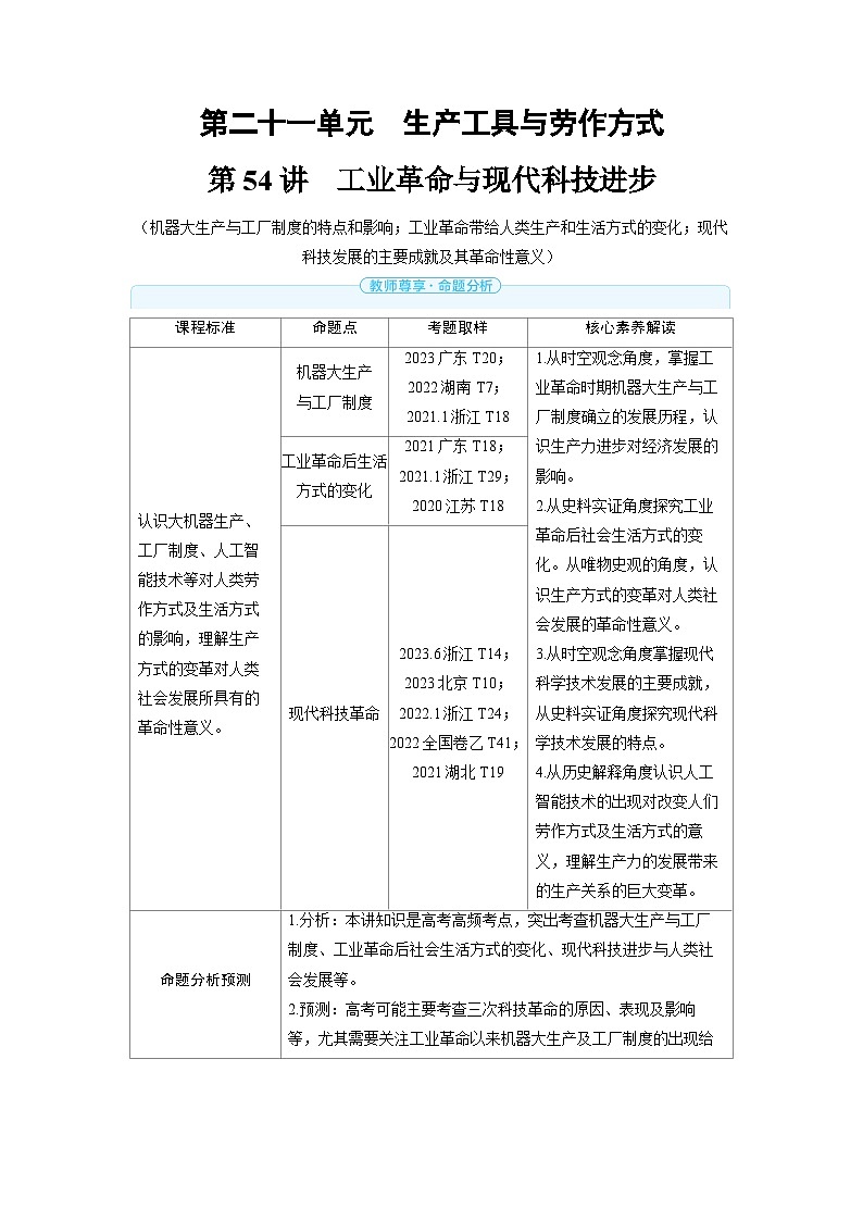 2025年高考历史精品教案第二十一单元生产工具与劳作方式第54讲工业革命与现代科技进步第1页