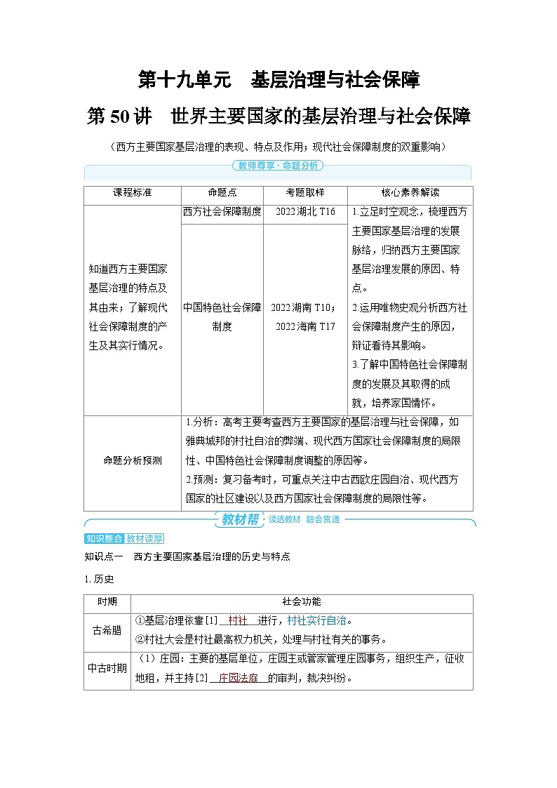 2025年高考历史精品教案第十九单元基层治理与社会保障第50讲世界主要国家的基层治理与社会保障第1页