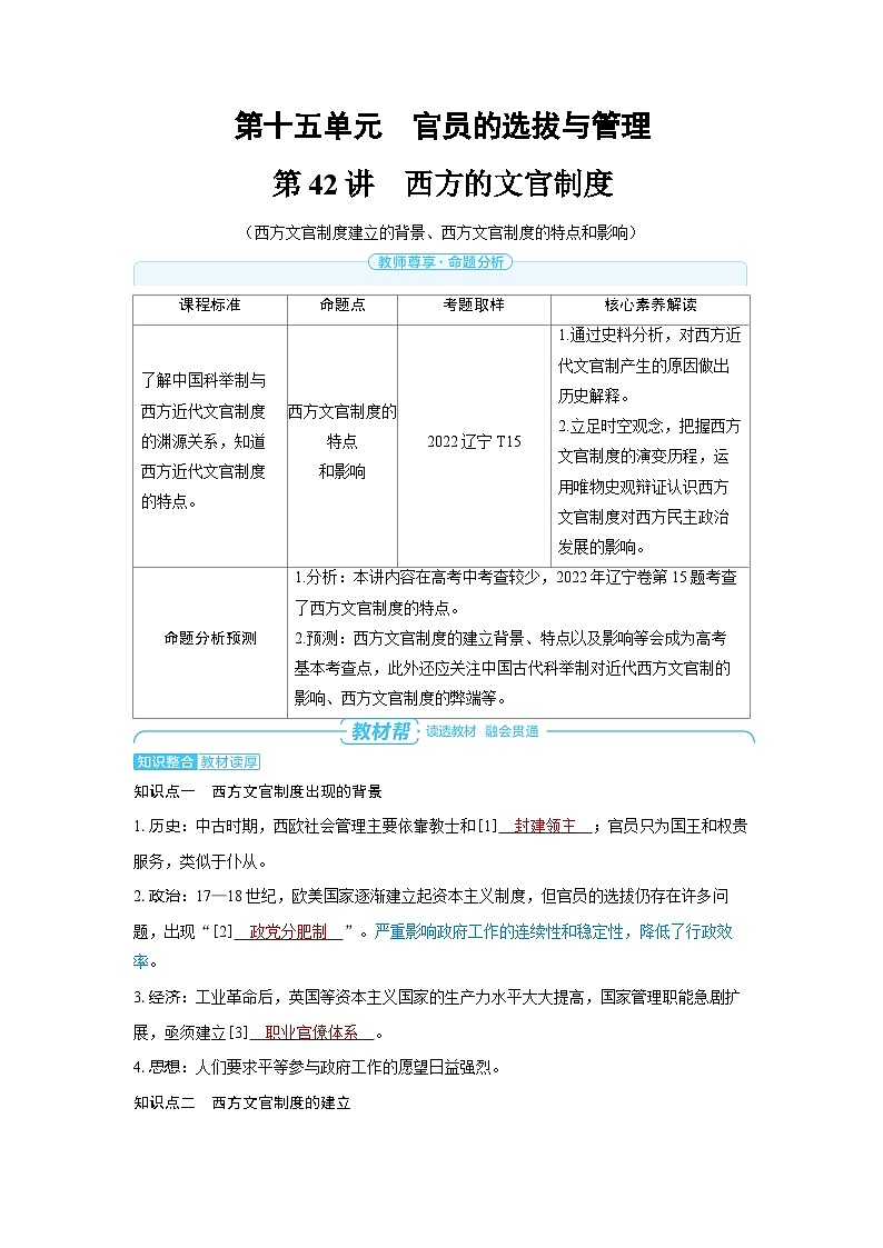 2025年高考历史精品教案第十五单元官员的选拔与管理第42讲西方的文官制度第1页