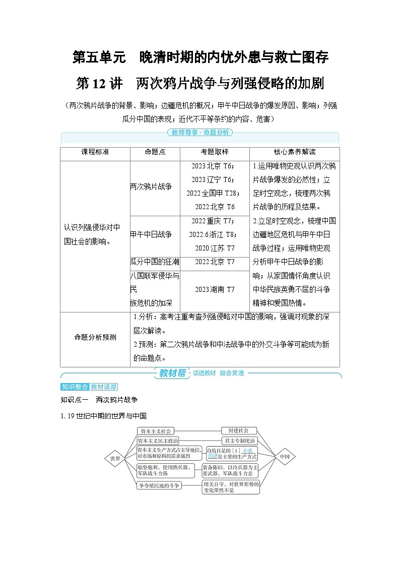 2025年高考历史精品教案第五单元晚清时期的内忧外患与救亡图存第12讲两次鸦片战争与列强侵略的加剧第1页
