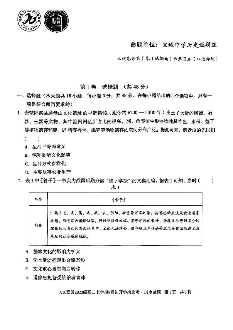 安徽省十校联盟2024-2025学年高二9月份开学考试历史第1页
