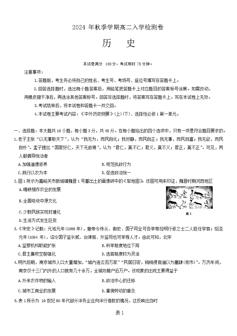 广西壮族自治区名校联盟2024-2025学年高二上学期入学考试历史试题(含解析)第1页