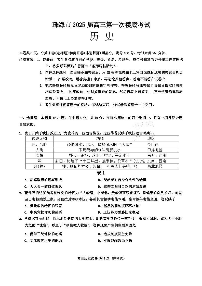 2025届广东省珠海市高三第一次摸底考试历史试题01