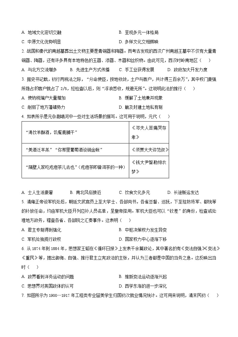 甘肃省平凉市第一中学2025届高三上学期开学考试历史试题（原卷版）02