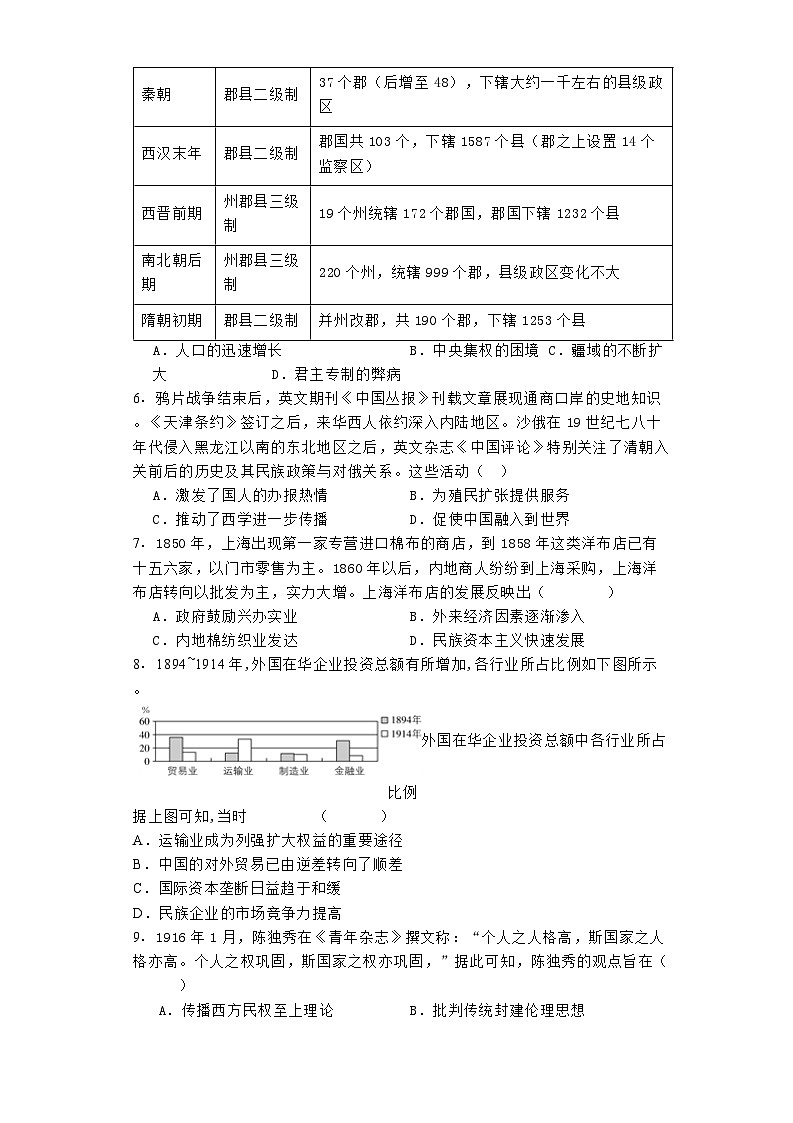江苏省宿迁市泗阳县实验高级中学2025届高三上学期第一次调研测试历史试题02