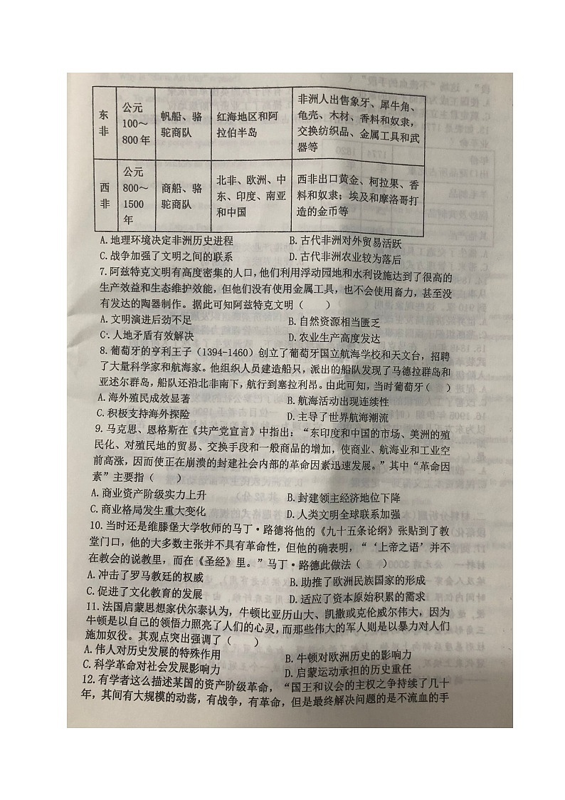 四川省西充中学2024-2025学年高二上学期开学考试历史试题02