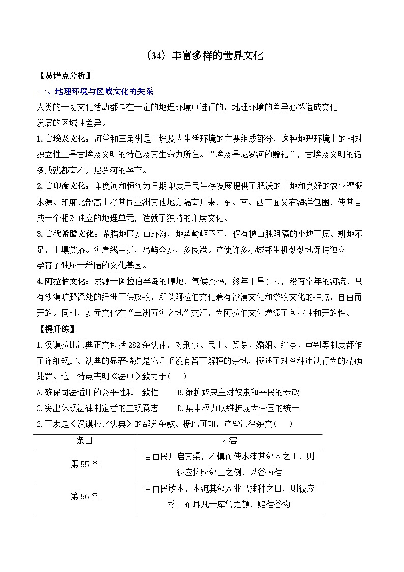 （34）丰富多样的世界文化——2025高考历史一轮复习易混易错专项复习练习（含答案）01
