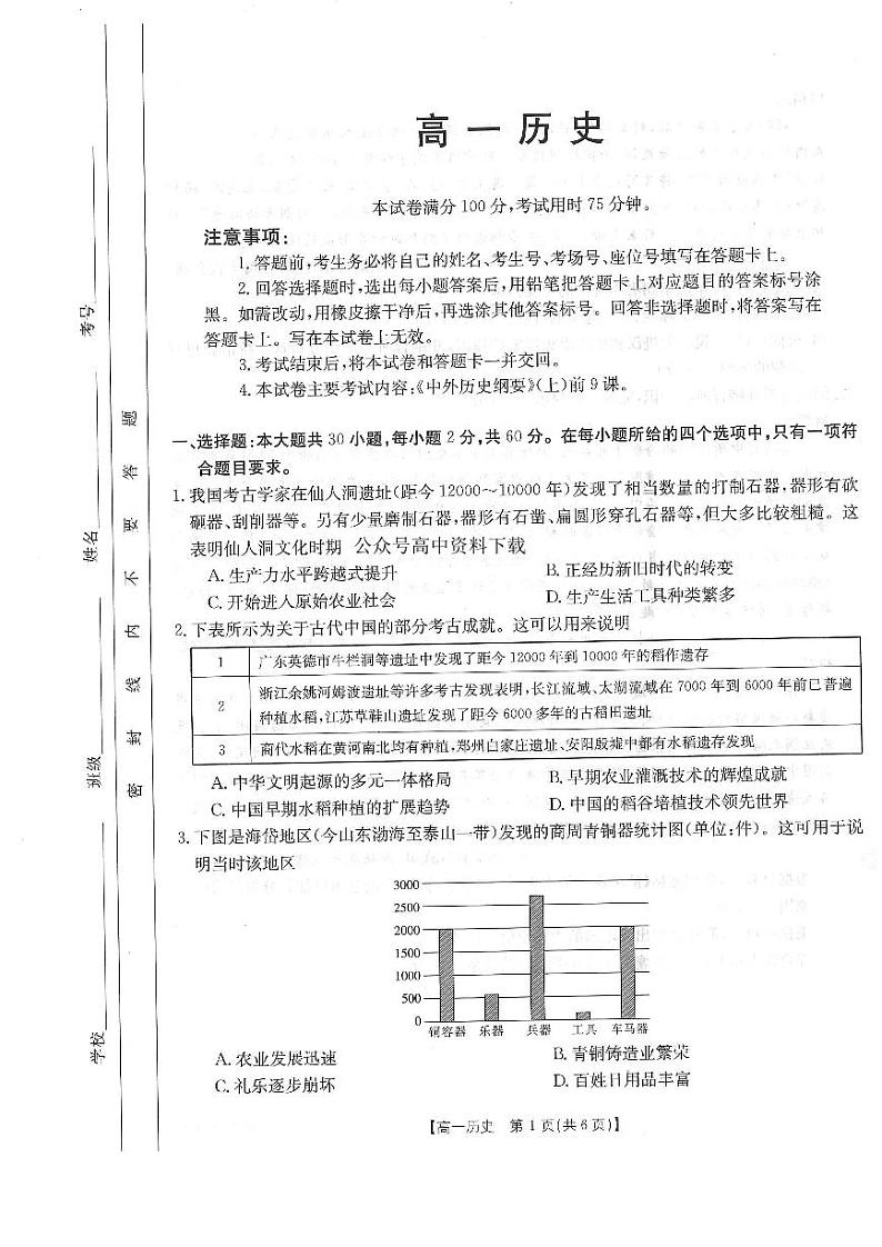 河南百所名校2022-2023学年高一上学期10月联考历史试卷及答案第1页