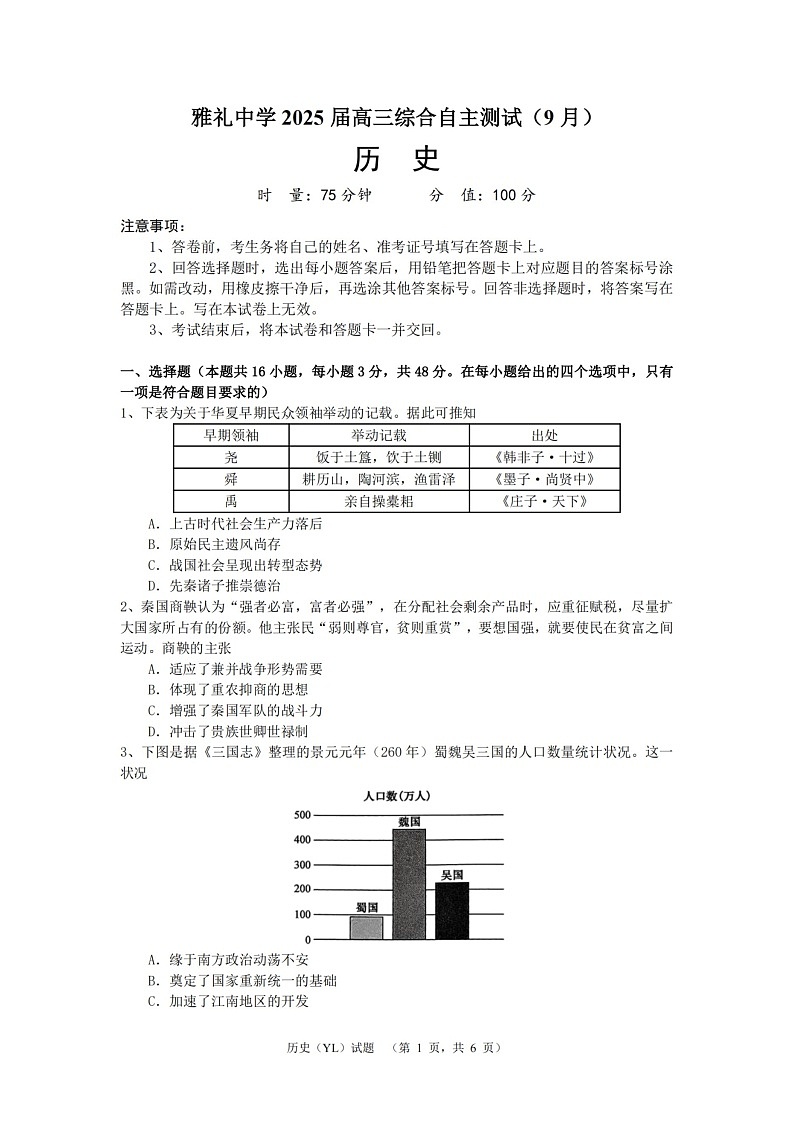 湖南省长沙市雅礼中学2024-2025学年高三上学期（9月）综合自主测试 历史01