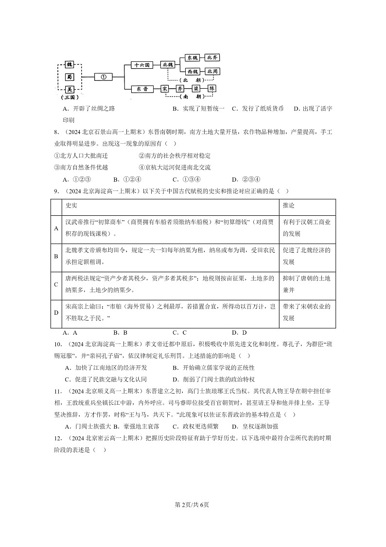 [历史]2024北京高一上学期期末真题分类汇编：三国两晋南北朝的政权更迭与民族交融第2页