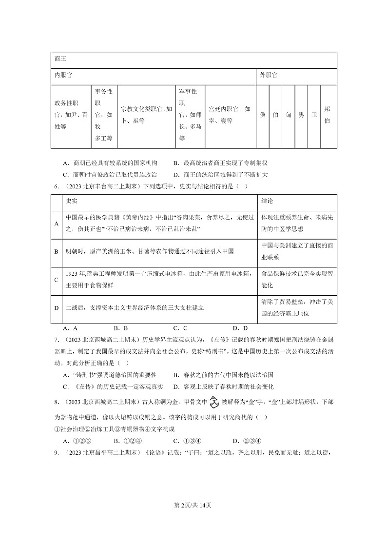 [历史]2022～2024北京重点校高二上学期期末真题分类汇编：中华文明起源到秦汉统一多民族封建国家的建立与巩固章节综合第2页