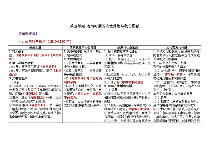 第五单元 晚清时期的内忧外患与救亡图存 学案（含解析）——2025届高考历史一轮复习《中外历史纲要（上）》与《选必》知识连接01
