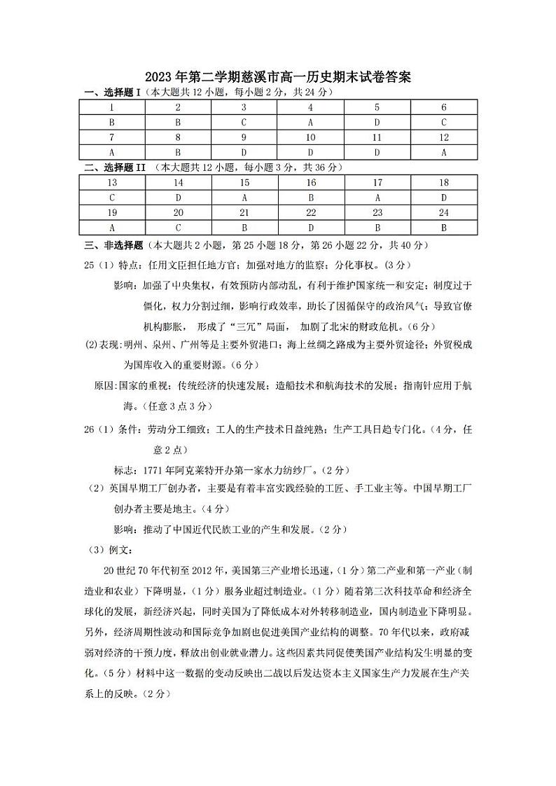 宁波慈溪市2023-2024学年高一第二学期期末测试+历史01