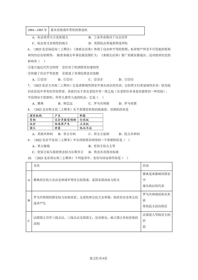 [政治][期末]2022～2024北京重点校高二上学期期末历史真题分类汇编：西方国家古代和近代制度的演变第2页