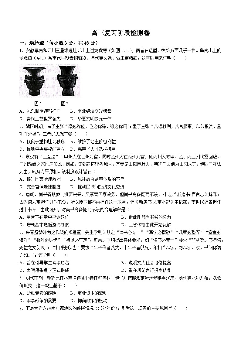 云南省红河哈尼族彝族自治州2024-2025学年高三上学期9月复习阶段检测历史试卷第1页