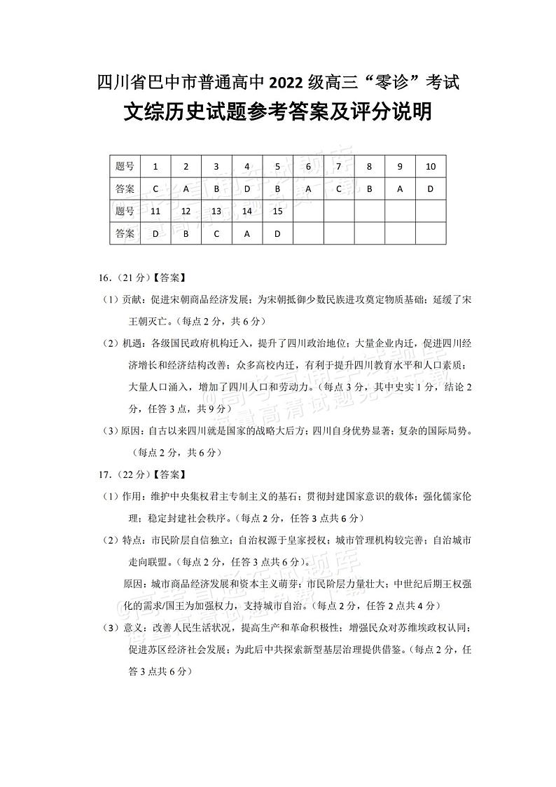 2025届四川省巴中市高三“零诊”考试历史试题答案第1页