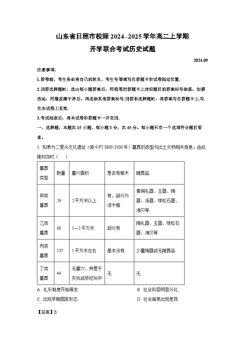 [历史]山东省日照市校际2024--2025学年高二上学期开学联合考试试题(解析版)第1页