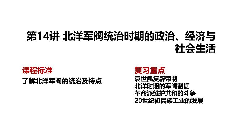 2025届高考历史一轮复习 第14讲 北洋军阀统治时期的政治、经济与社会生活 课件第2页