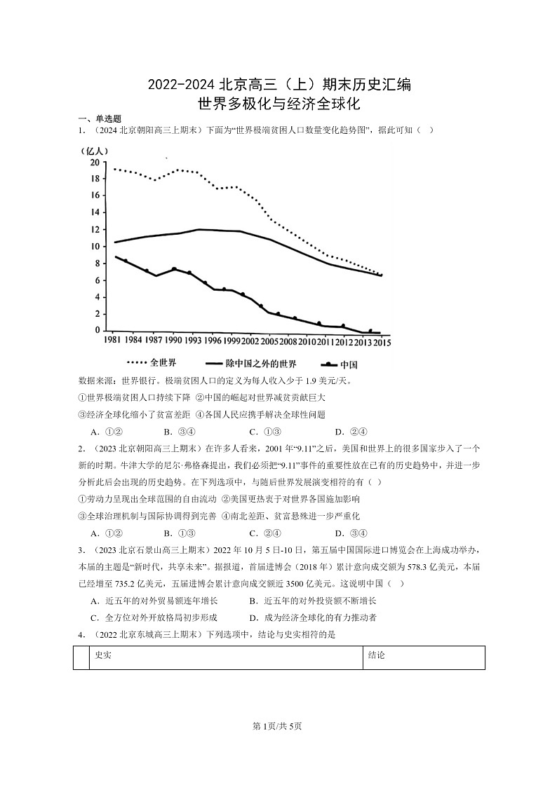 [历史]2022～2024北京高三上学期期末真题分类汇编：世界多极化与经济全球化01