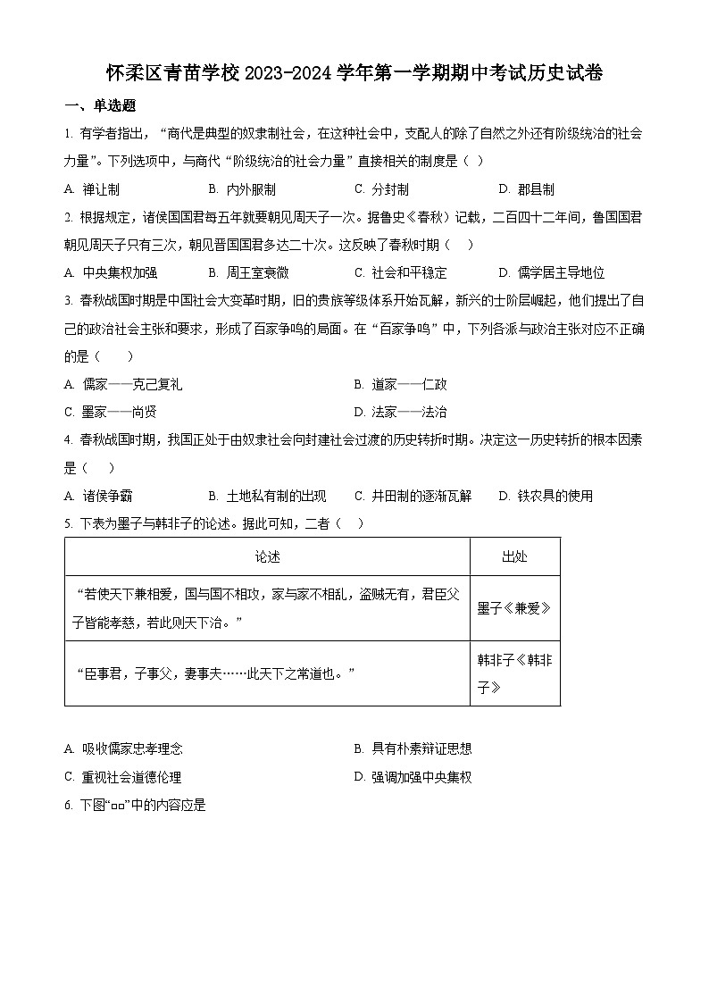 北京市怀柔区青苗学校2023-2024学年高一上学期期中考试历史试卷（Word版附解析）01