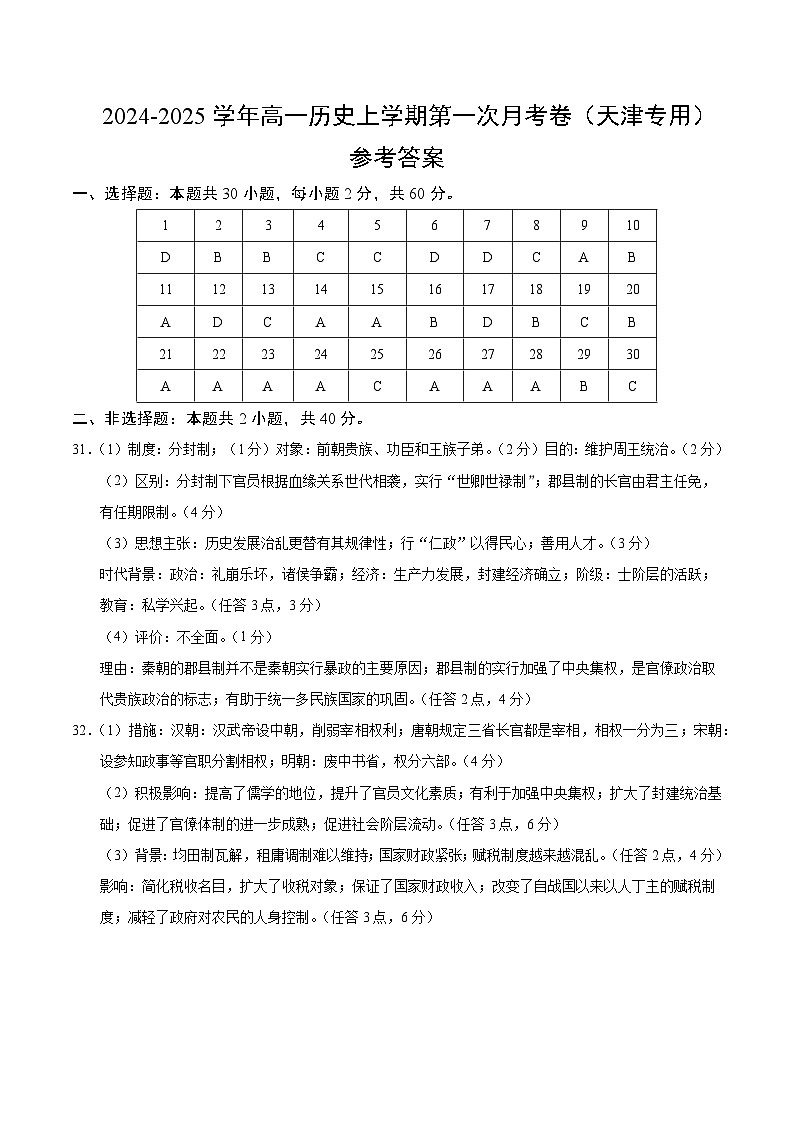 高一历史第一次月考卷（参考答案）（天津专用）第1页
