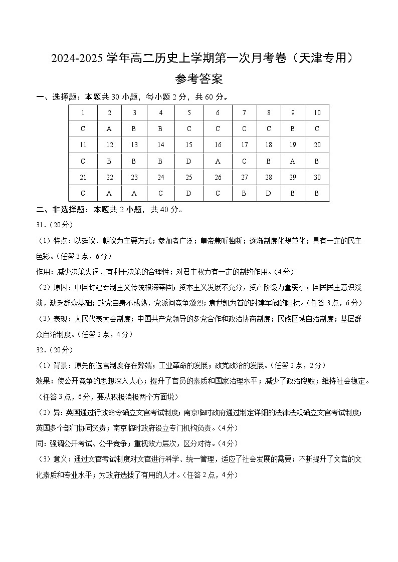 统编版高中历史高二上学期第一次月考试卷 （天津专用，选修1,1-7课）含答案解析01