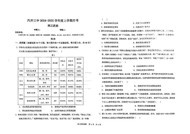 吉林省+长春汽车经济技术开发区第三中学2024-2025学年高三上学期9月月考历史试题第1页