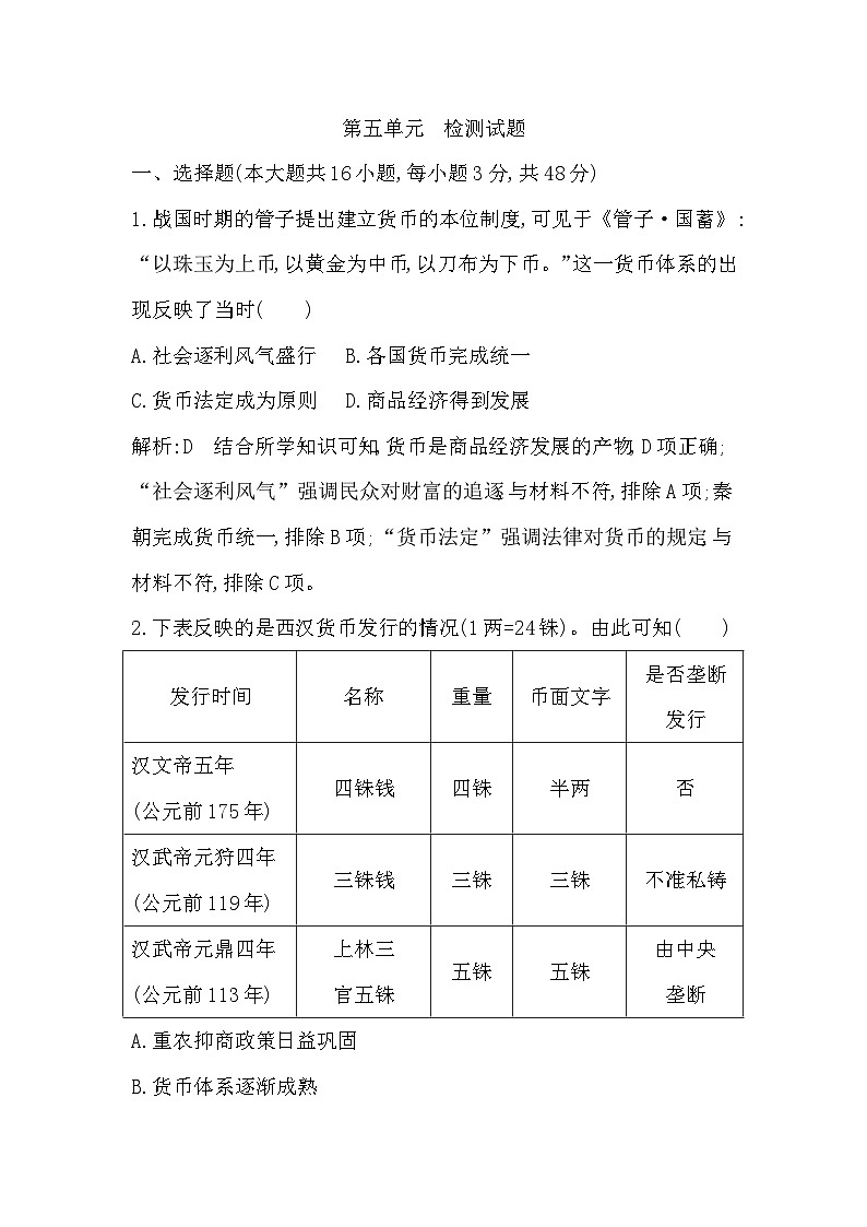 2024-2025学年选择性必修一 第五单元货币与赋税制度  检测试题第1页
