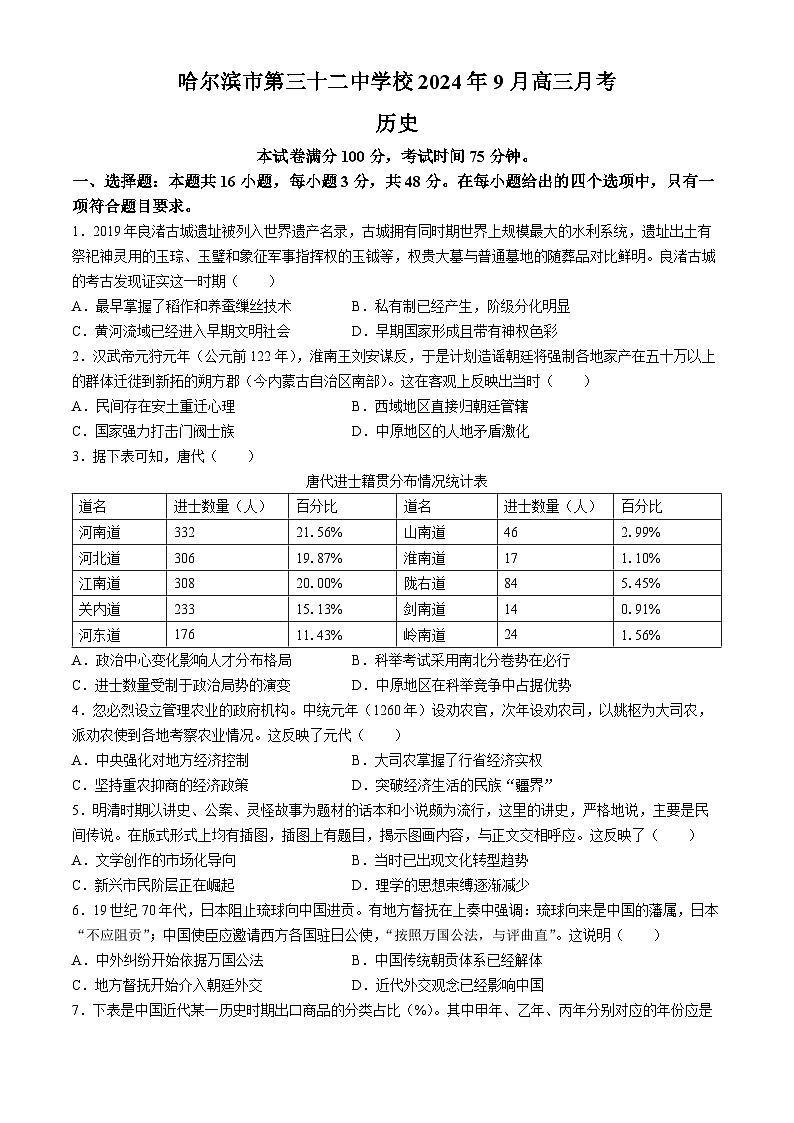黑龙江省哈尔滨市第三十二中学校2024-2025学年高三上学期9月月考历史试题01