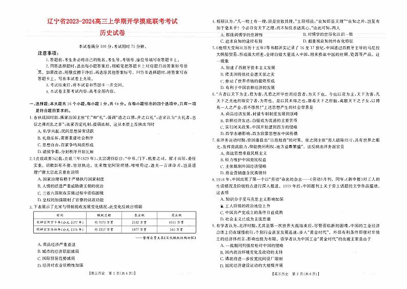 辽宁省2023_2024高三历史上学期开学摸底考试试题pdf无答案01