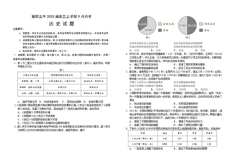 湖北省襄阳市第五中学2024-2025学年高三上学期9月月考历史试卷（Word版附答案）第1页