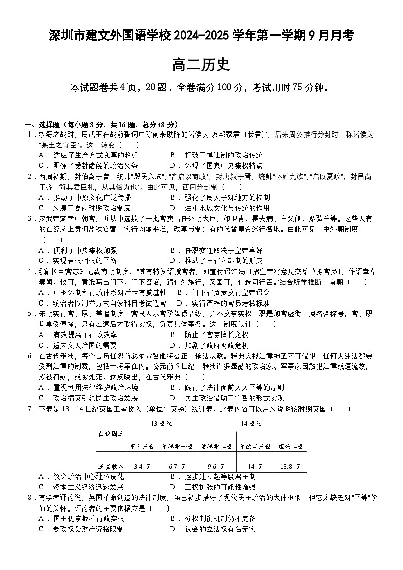 广东省深圳市建文外国语学校2024-2025学年高二9月月考历史试题第1页